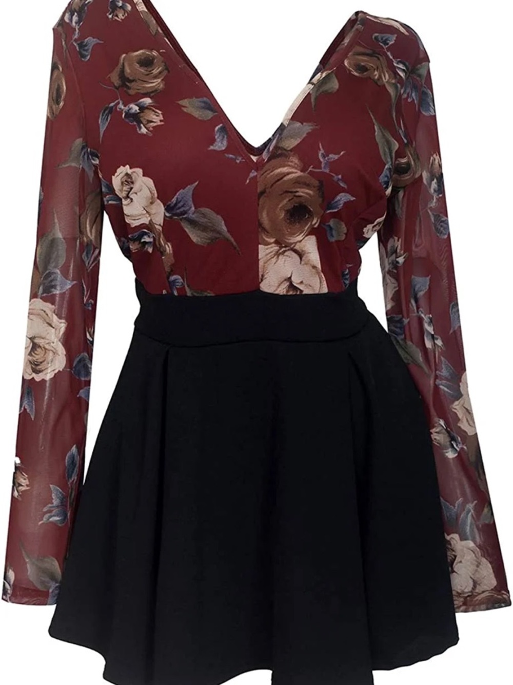 Floral V-Neck Long Sleeve Dress in Burgundy and Black